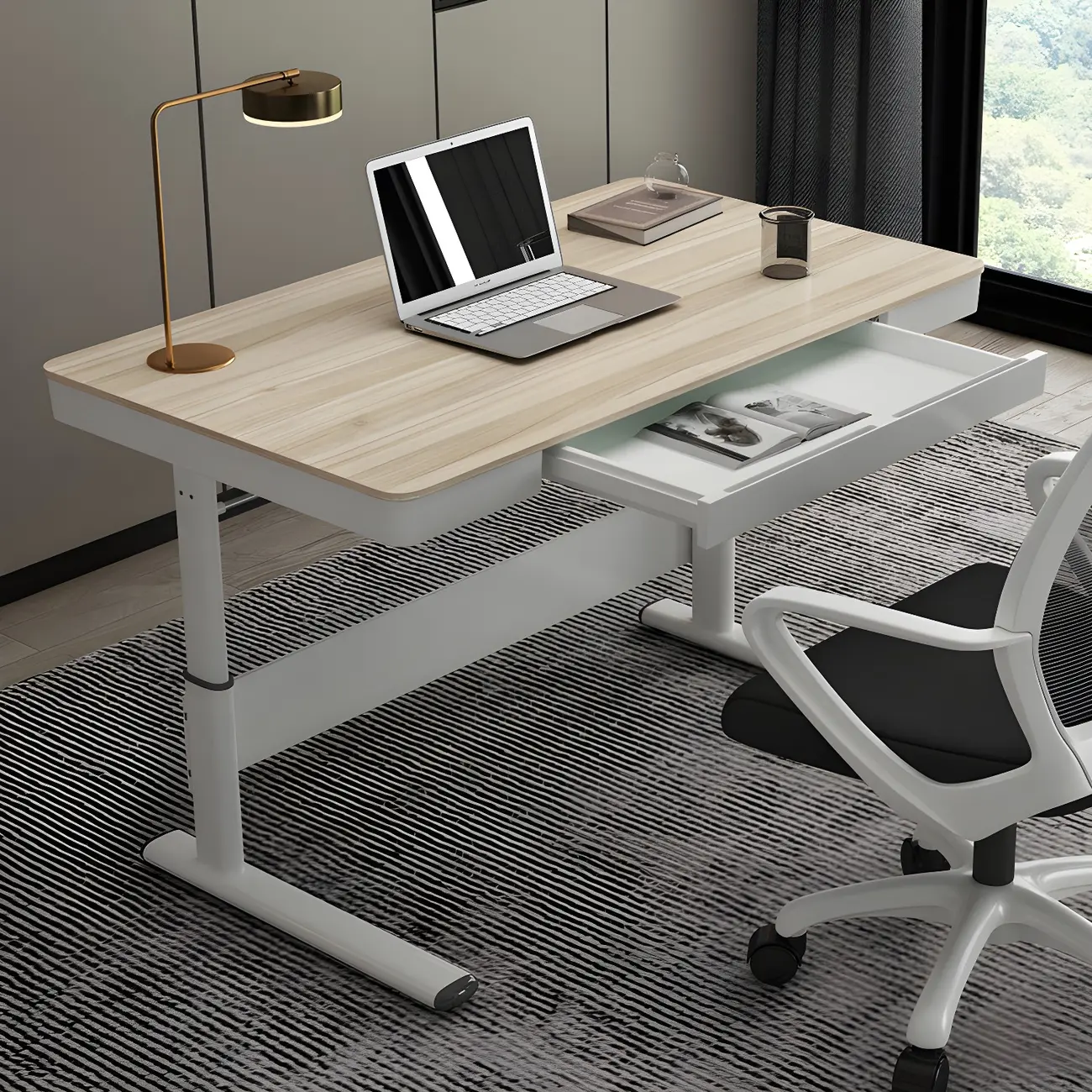 Classic Steel Adjustable Standing Desk with Drawer & Wooden Top Image - 3 | homeyfad
