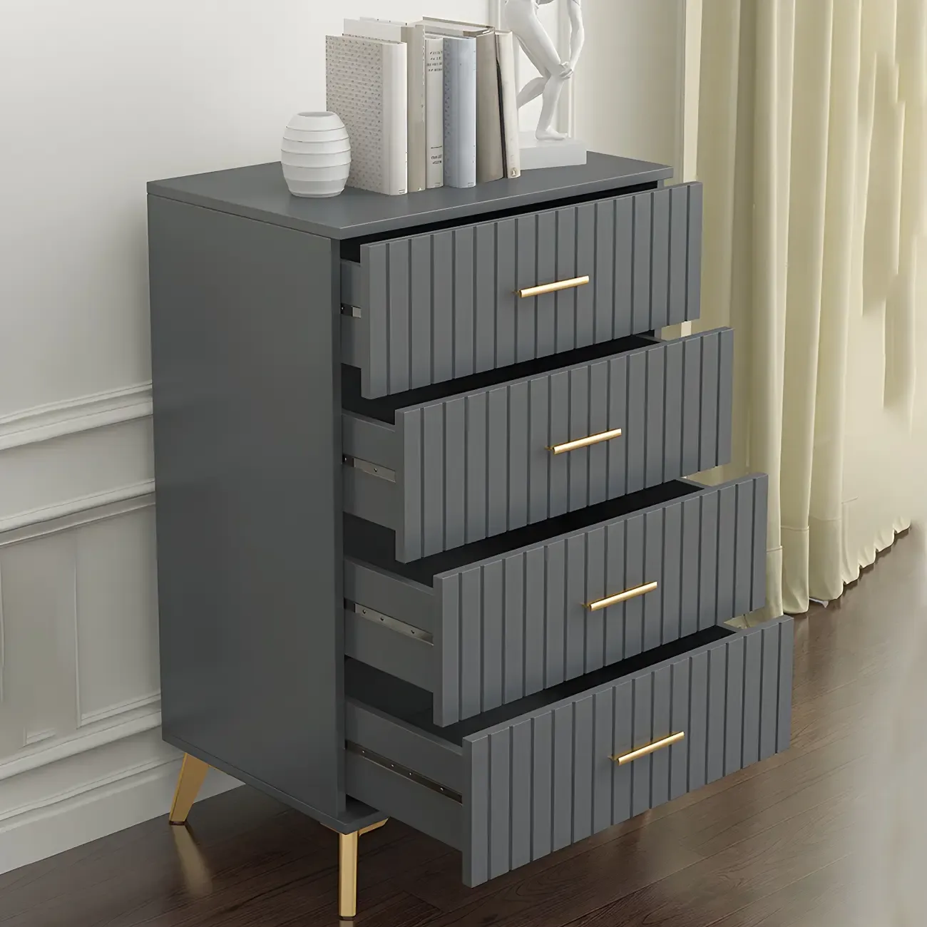 Stylish Grey Wooden Dressers with Gold Accent Handles for Home Image - 1