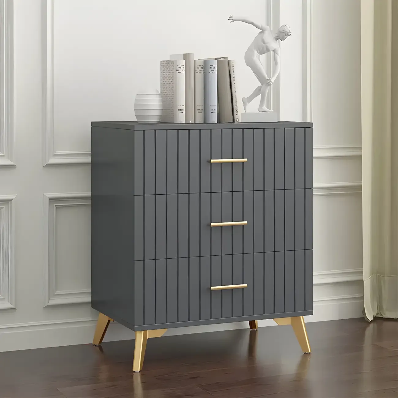 Stylish Grey Wooden Dressers with Gold Accent Handles for Home Image - 4