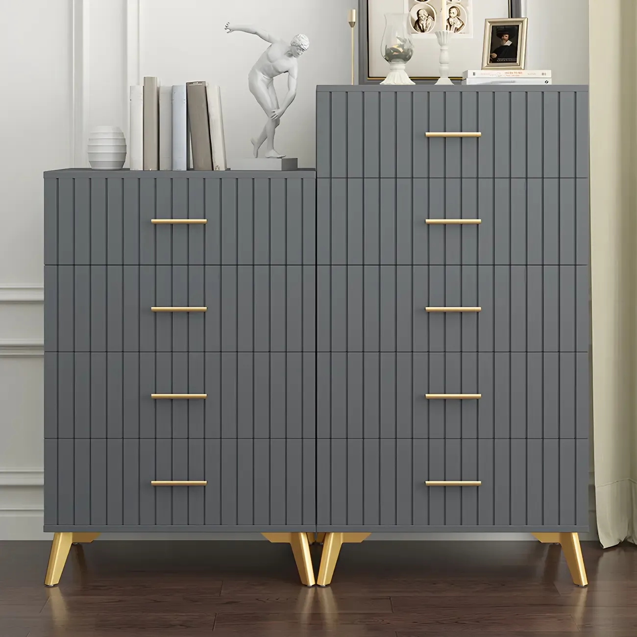 Stylish Grey Wooden Dressers with Gold Accent Handles for Home Image - 6