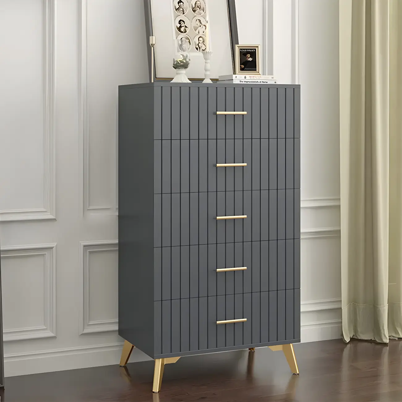 Stylish Grey Wooden Dressers with Gold Accent Handles for Home Image - 3 | homeyfad