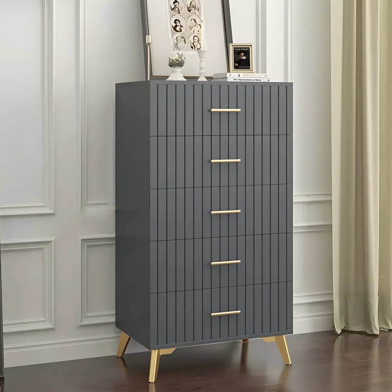 Stylish Grey Wooden Dressers with Gold Accent Handles for Home Image - 3