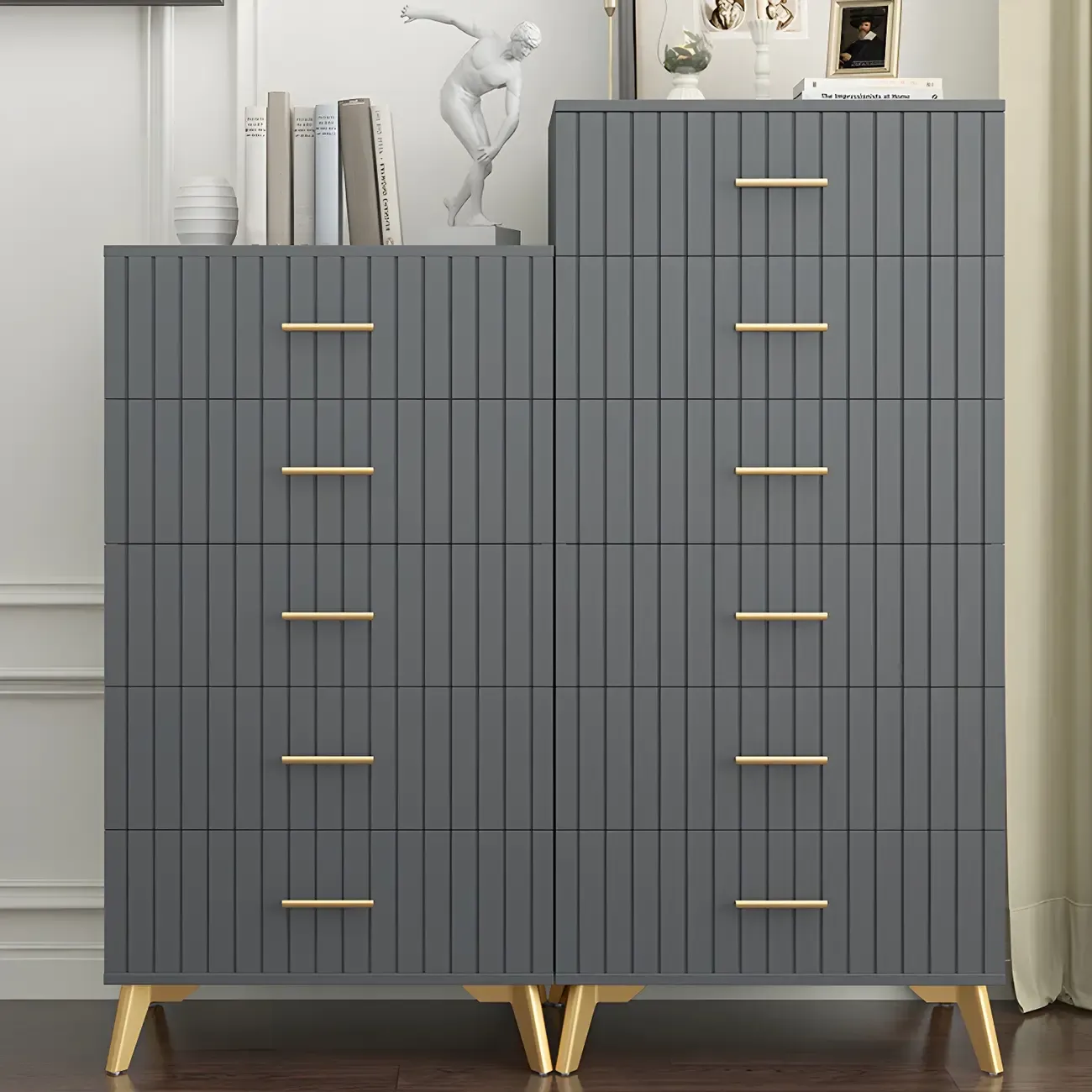 Stylish Grey Wooden Dressers with Gold Accent Handles for Home Image - 7