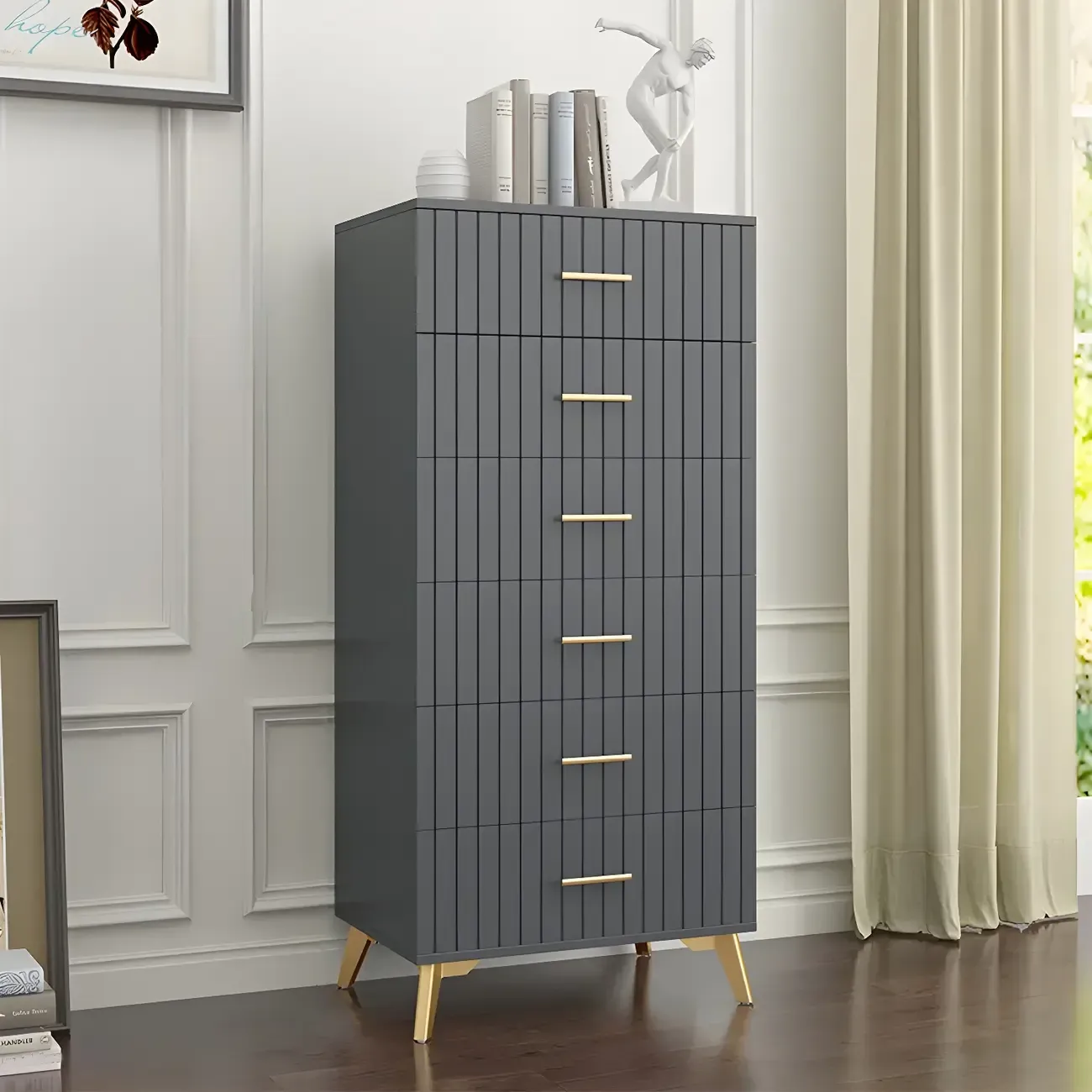 Stylish Grey Wooden Dressers with Gold Accent Handles for Home Image - 8