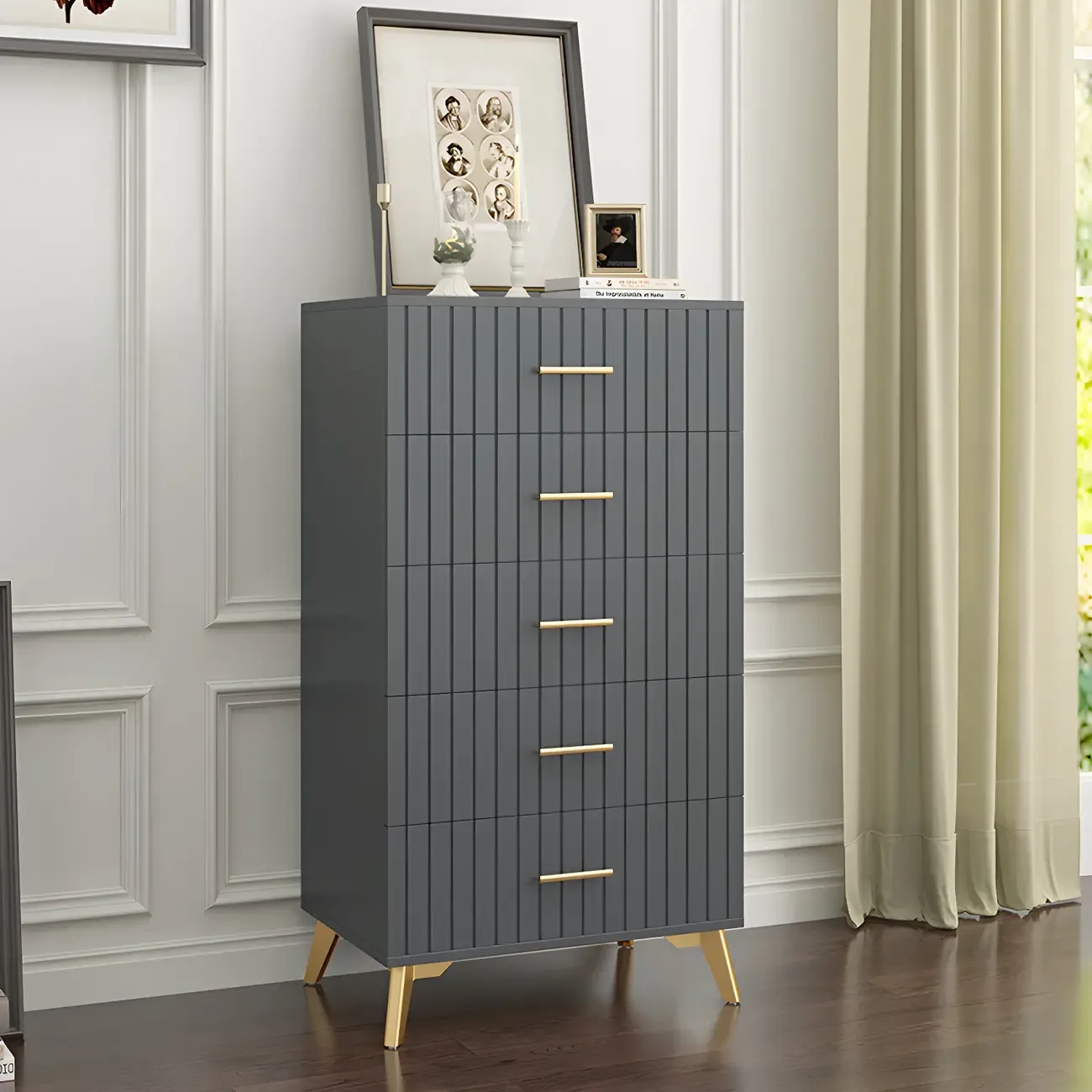 Stylish Grey Wooden Dressers with Gold Accent Handles for Home Image - 9
