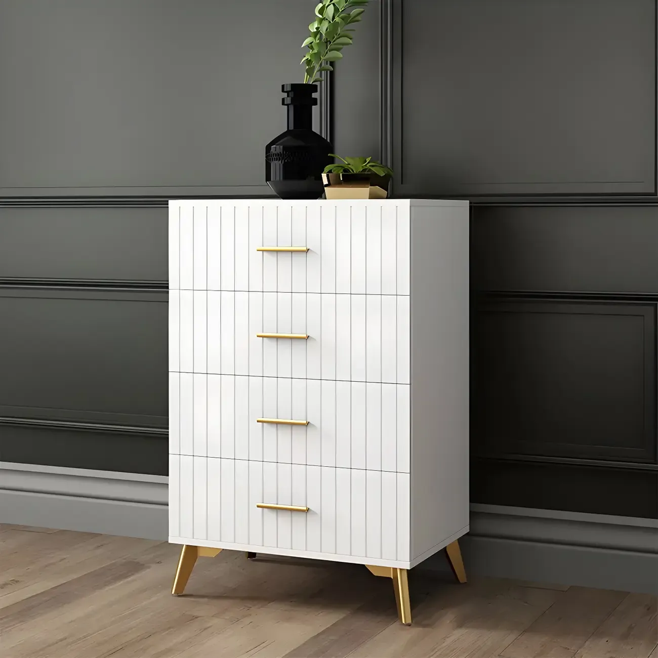 Stylish Grey Wooden Dressers with Gold Accent Handles for Home Image - 2