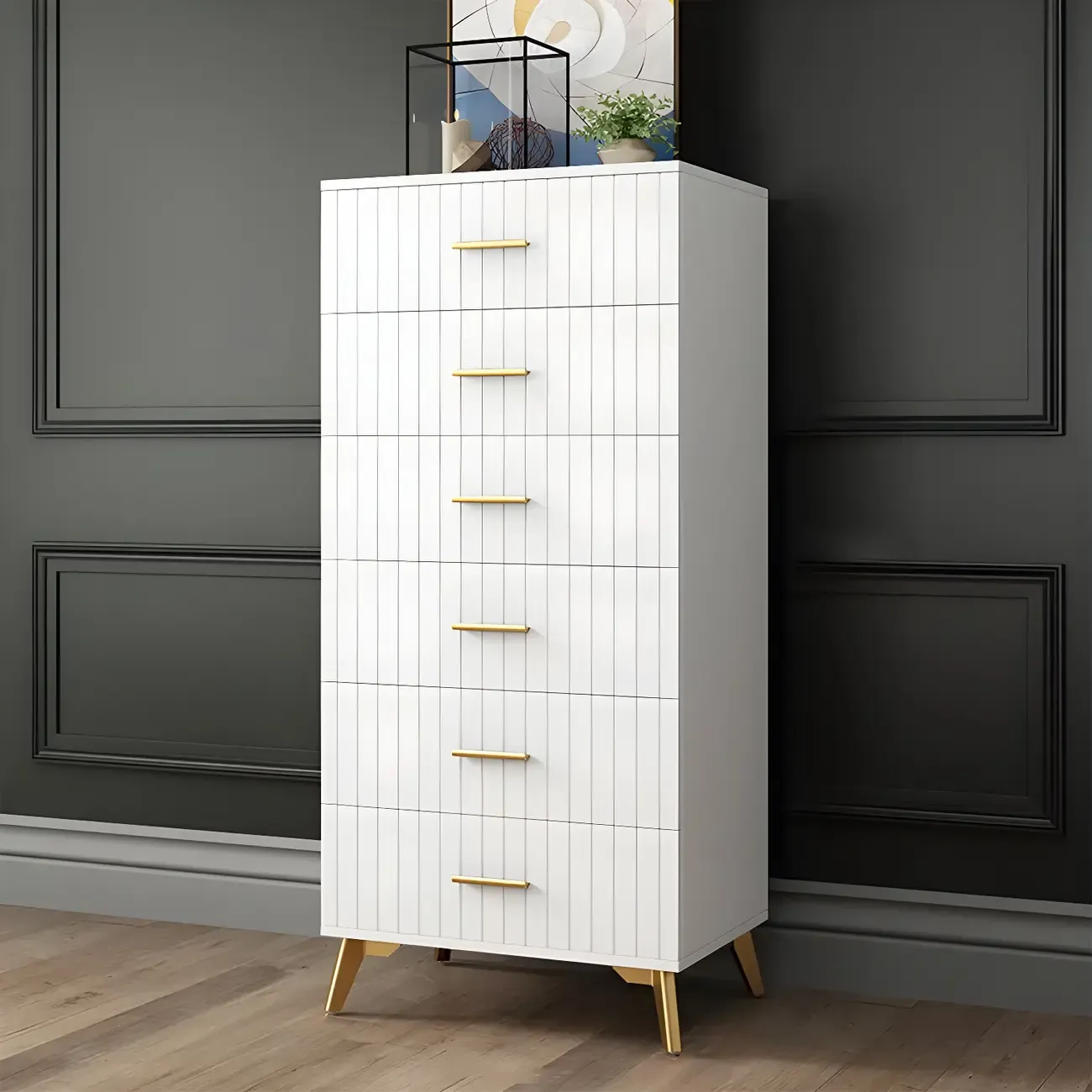 Stylish Grey Wooden Dressers with Gold Accent Handles for Home Image - 15