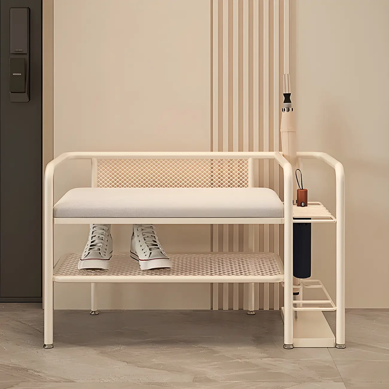 White 2-Tier Upholstered Entryway Bench with Storage Image - 1 | homeyfad