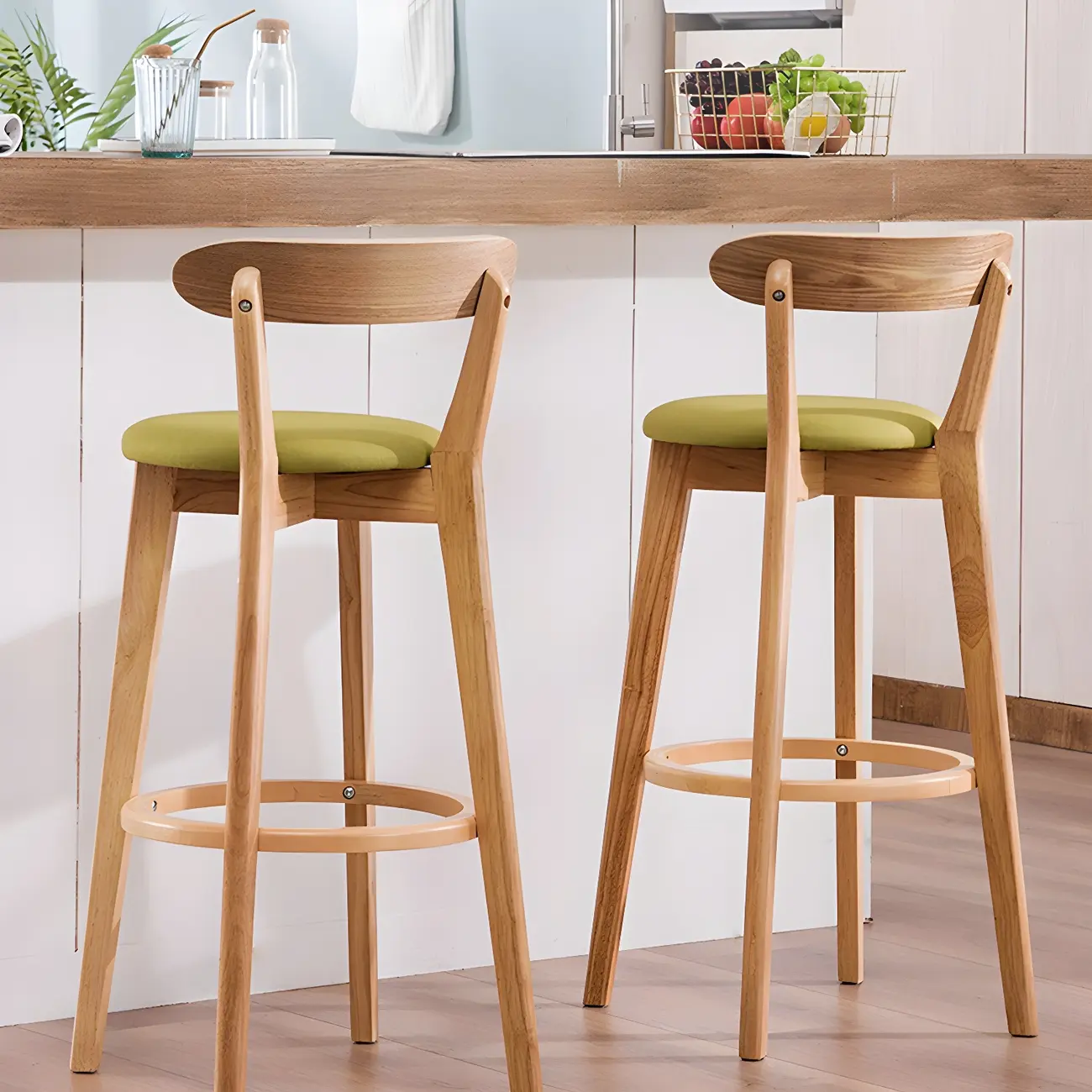 Scandinavian Beech Green Fabric Upholstered Low Back Bar Stool Image - 6 | homeyfad