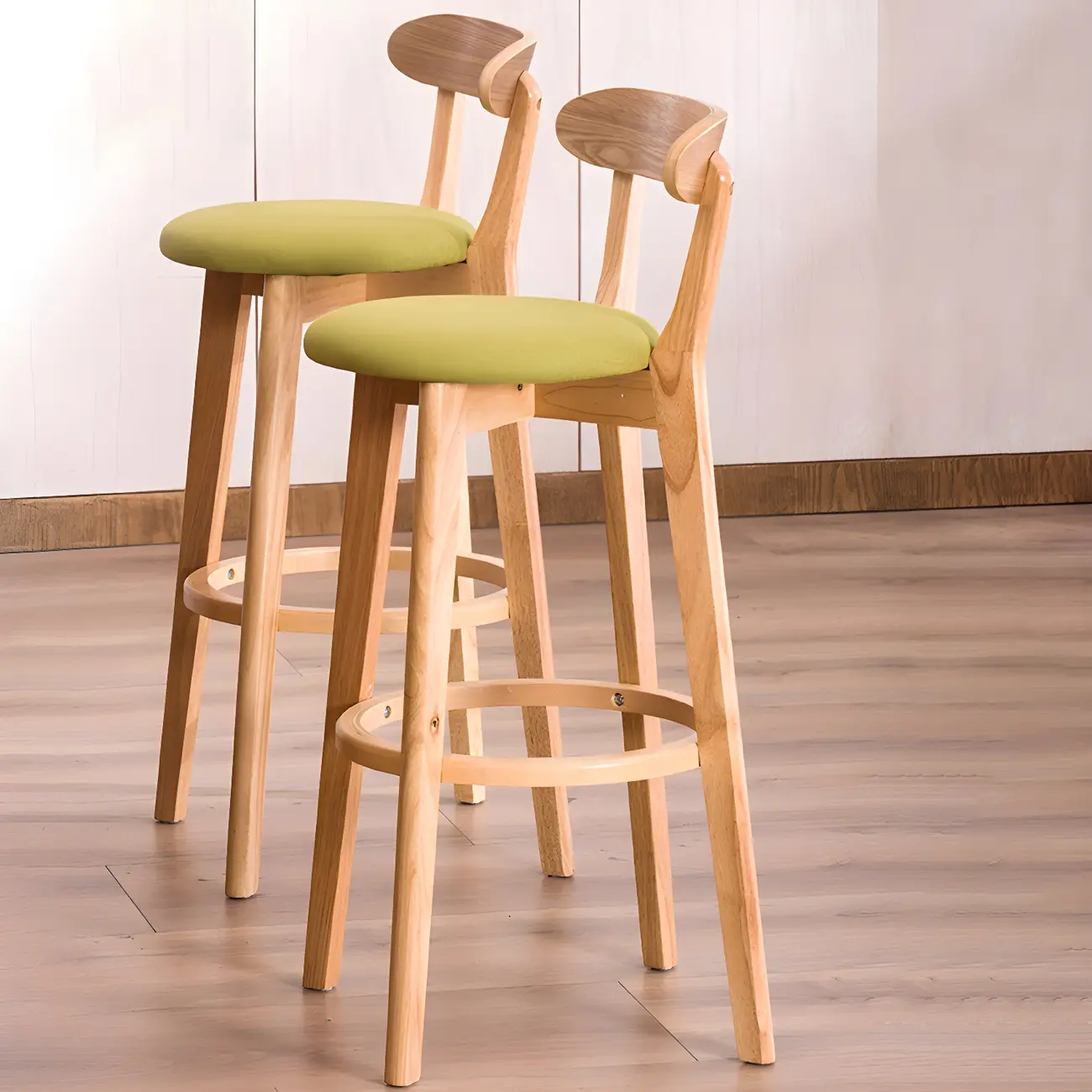 Scandinavian Beech Green Fabric Upholstered Low Back Bar Stool Image - 8 | homeyfad