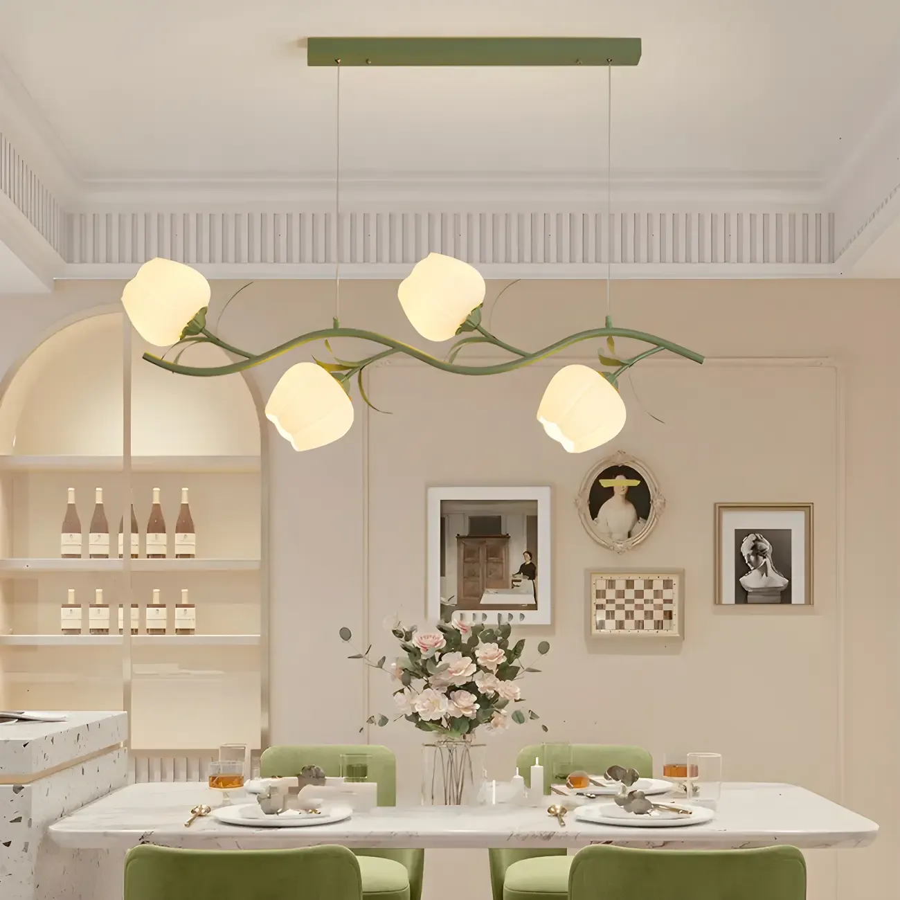 Elegant Modern Flower-Shaped Island Light in Green/White Image - 1