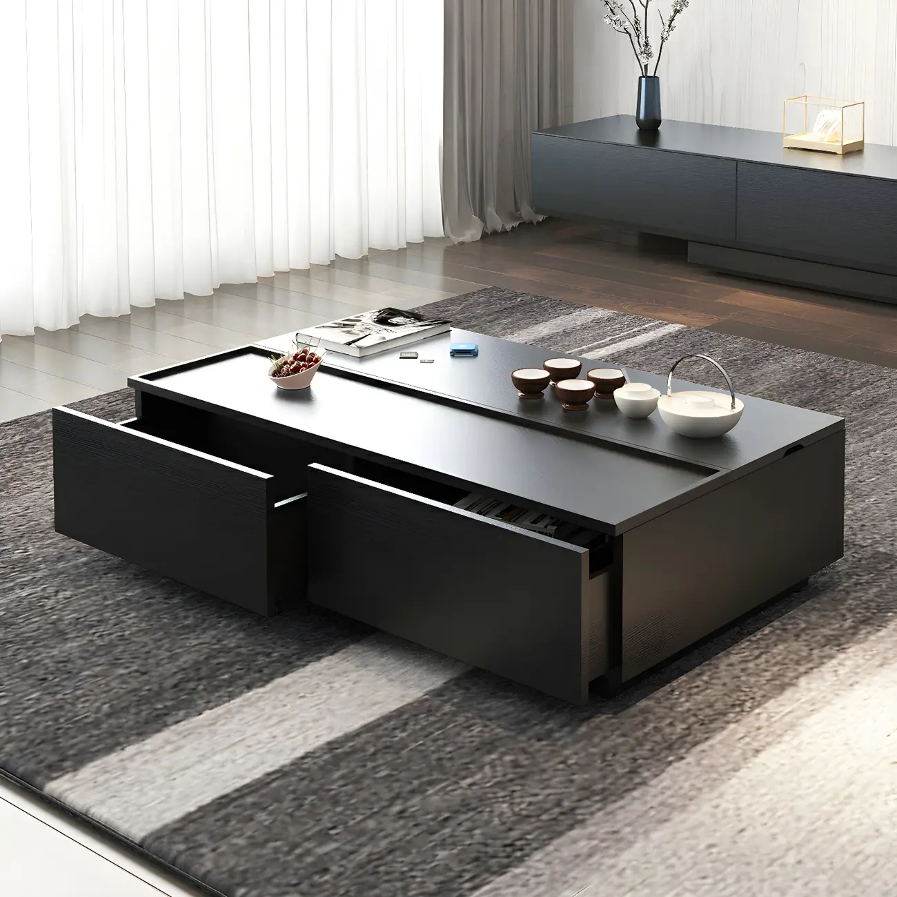 Black Wood Rectangular Lift-Top Coffee Table Image - 2 | homeyfad