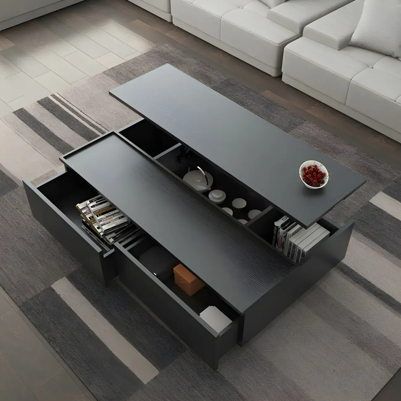 Black Wood Rectangular Lift-Top Coffee Table Image - 5
