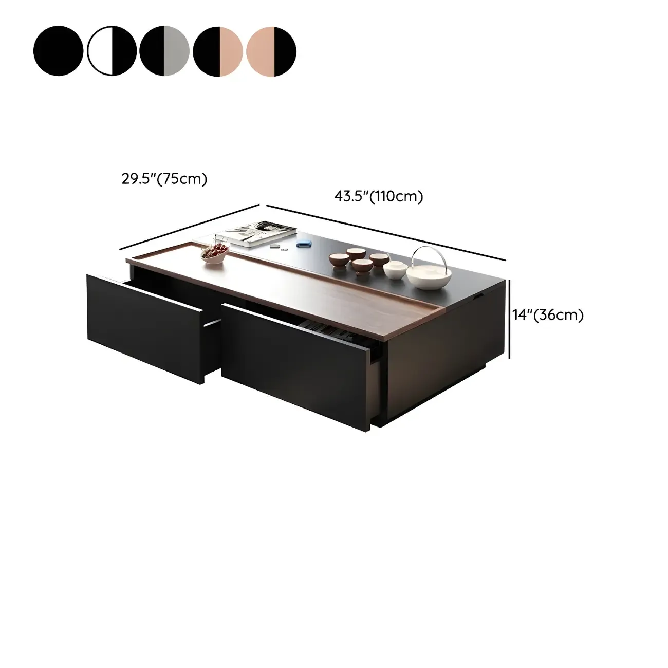 Black Wood Rectangular Lift-Top Coffee Table #size