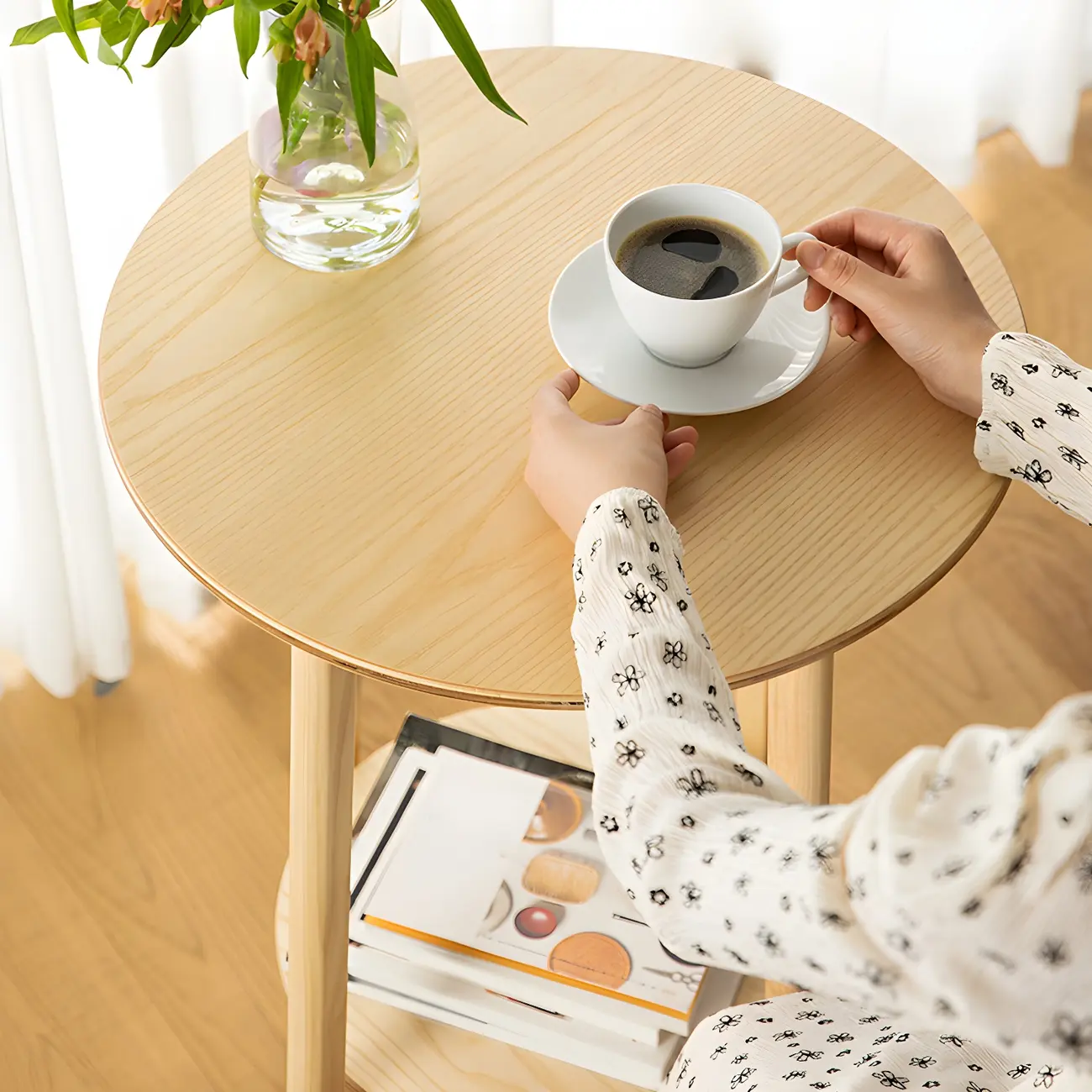Scandinavian Round Natural Ash Wood Shelf Bar Tables Image - 6 | homeyfad