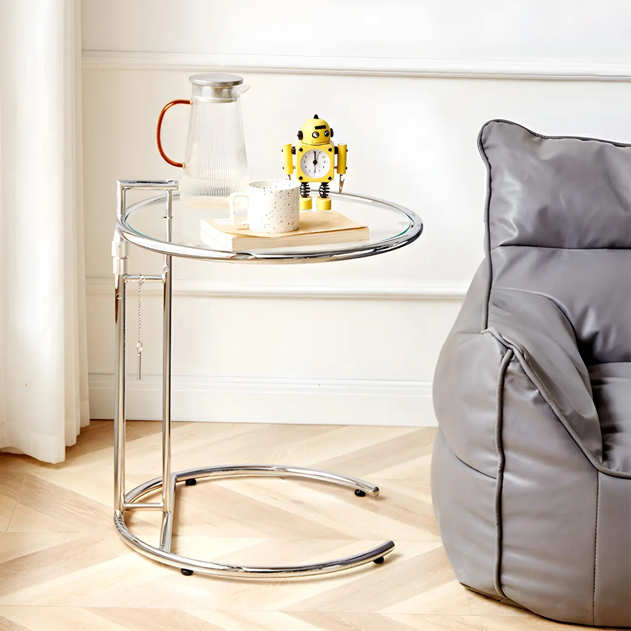 Silver Round C-Shaped Adjustable Height End Table Image - 1 | homeyfad