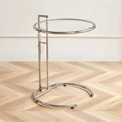 Silver Round C-Shaped Adjustable Height End Table Image - 5