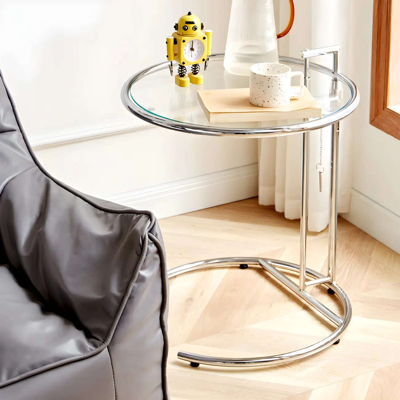 Silver Round C-Shaped Adjustable Height End Table Image - 6 | homeyfad