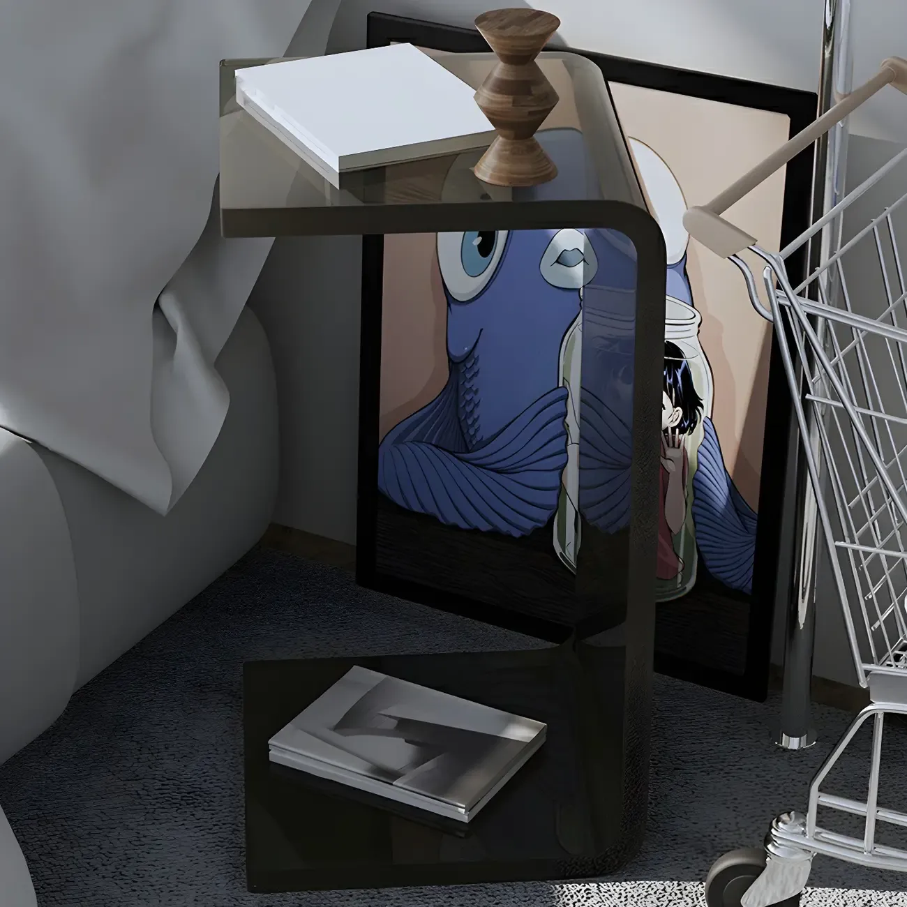 Simple White Acrylic C-Shaped Square Side Table Image - 5