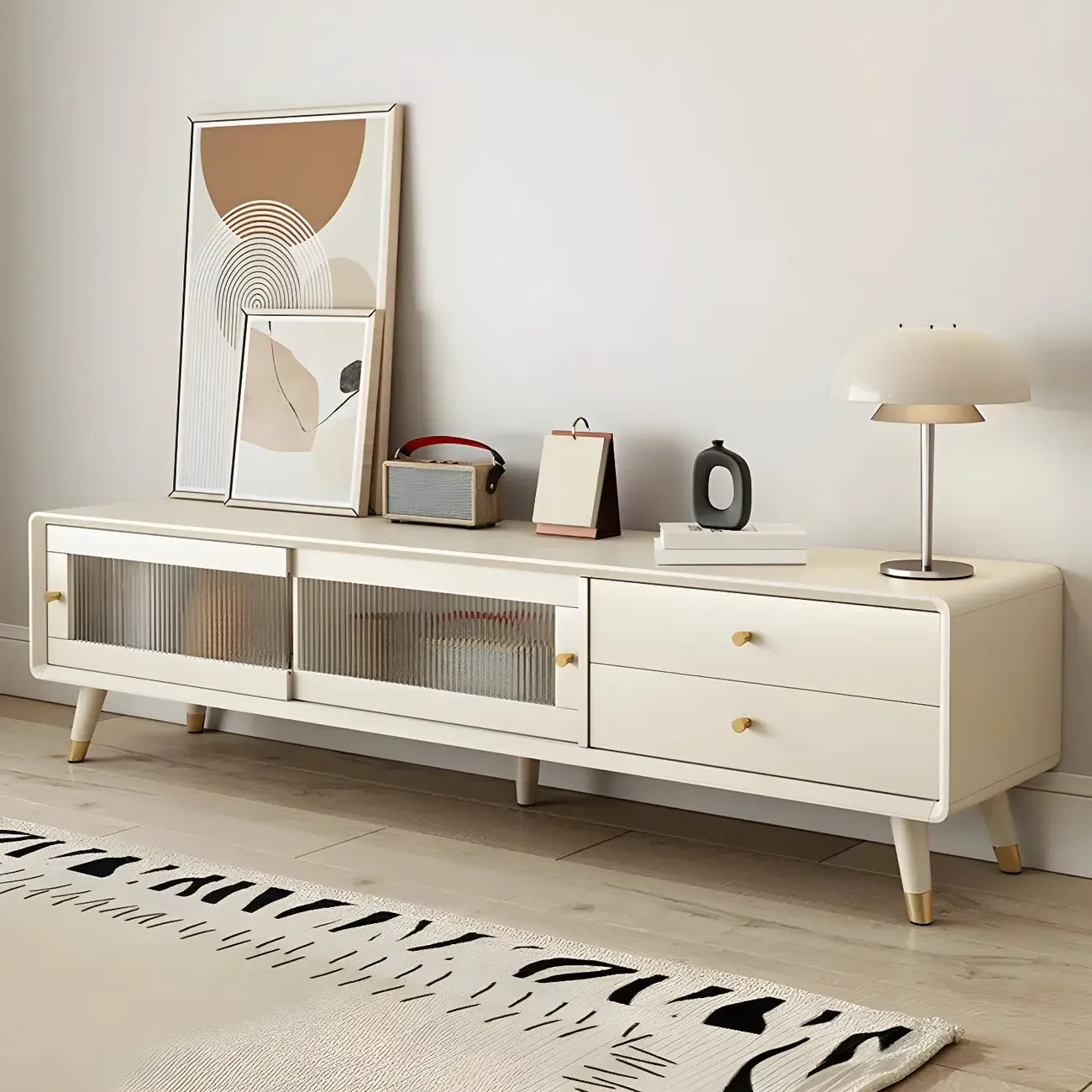 Nordic Natural Wooden TV Stand with Cable Management & Legs Image - 2