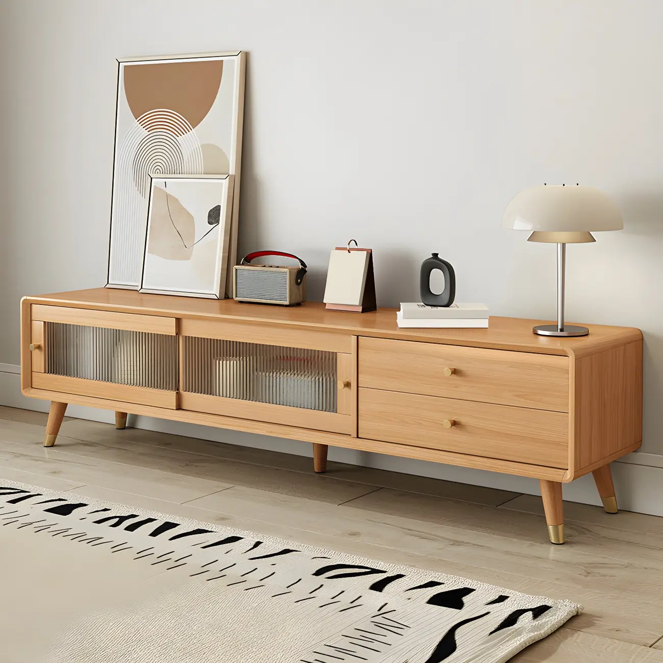 Nordic Natural Wooden TV Stand with Cable Management & Legs Image - 1 | homeyfad