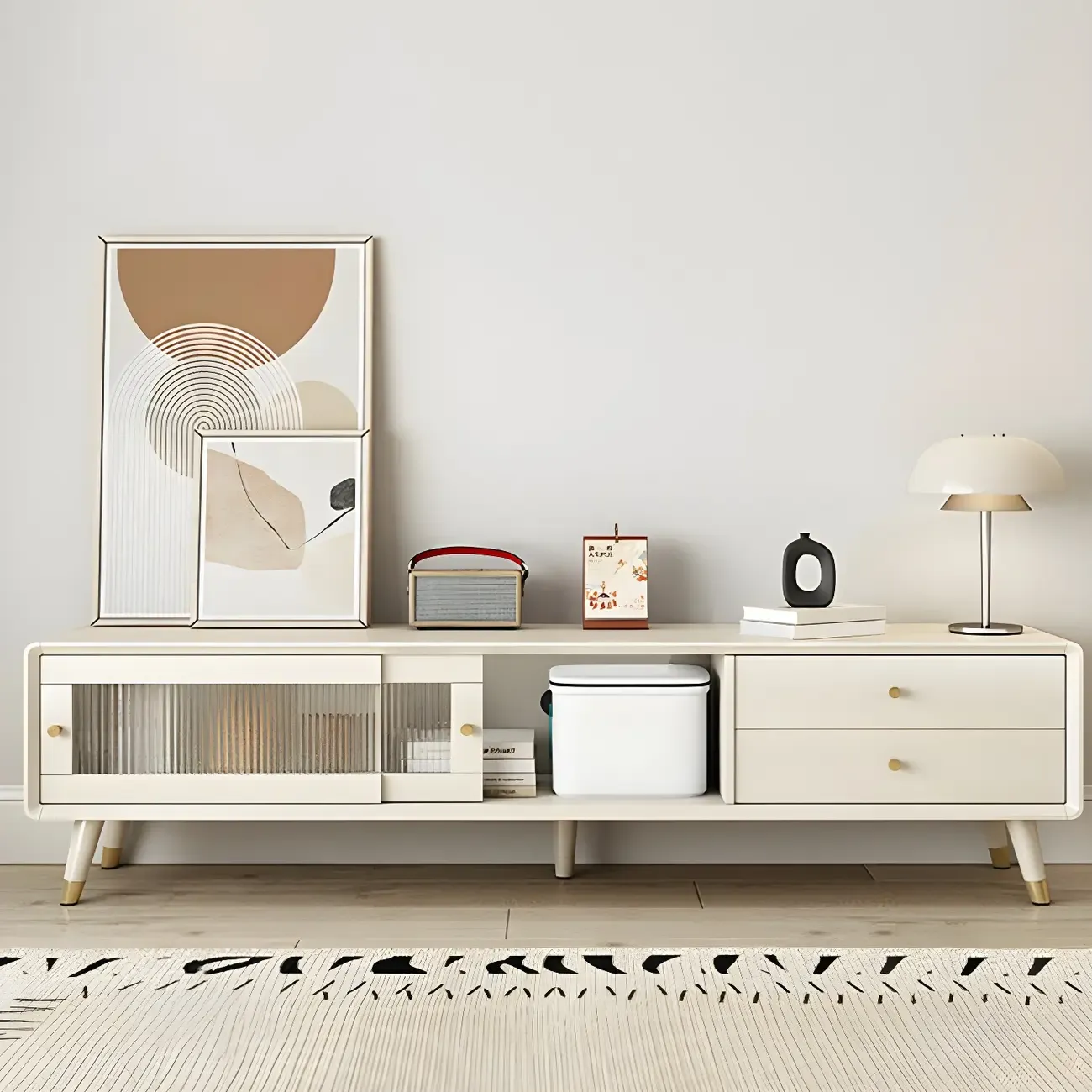 Nordic Natural Wooden TV Stand with Cable Management & Legs Image - 5