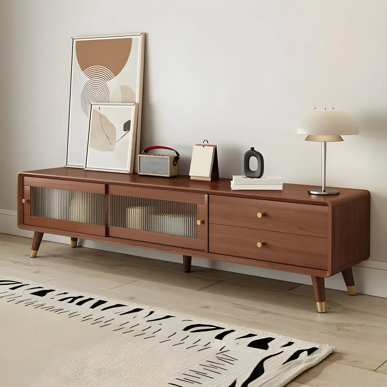 Nordic Natural Wooden TV Stand with Cable Management & Legs Image - 3