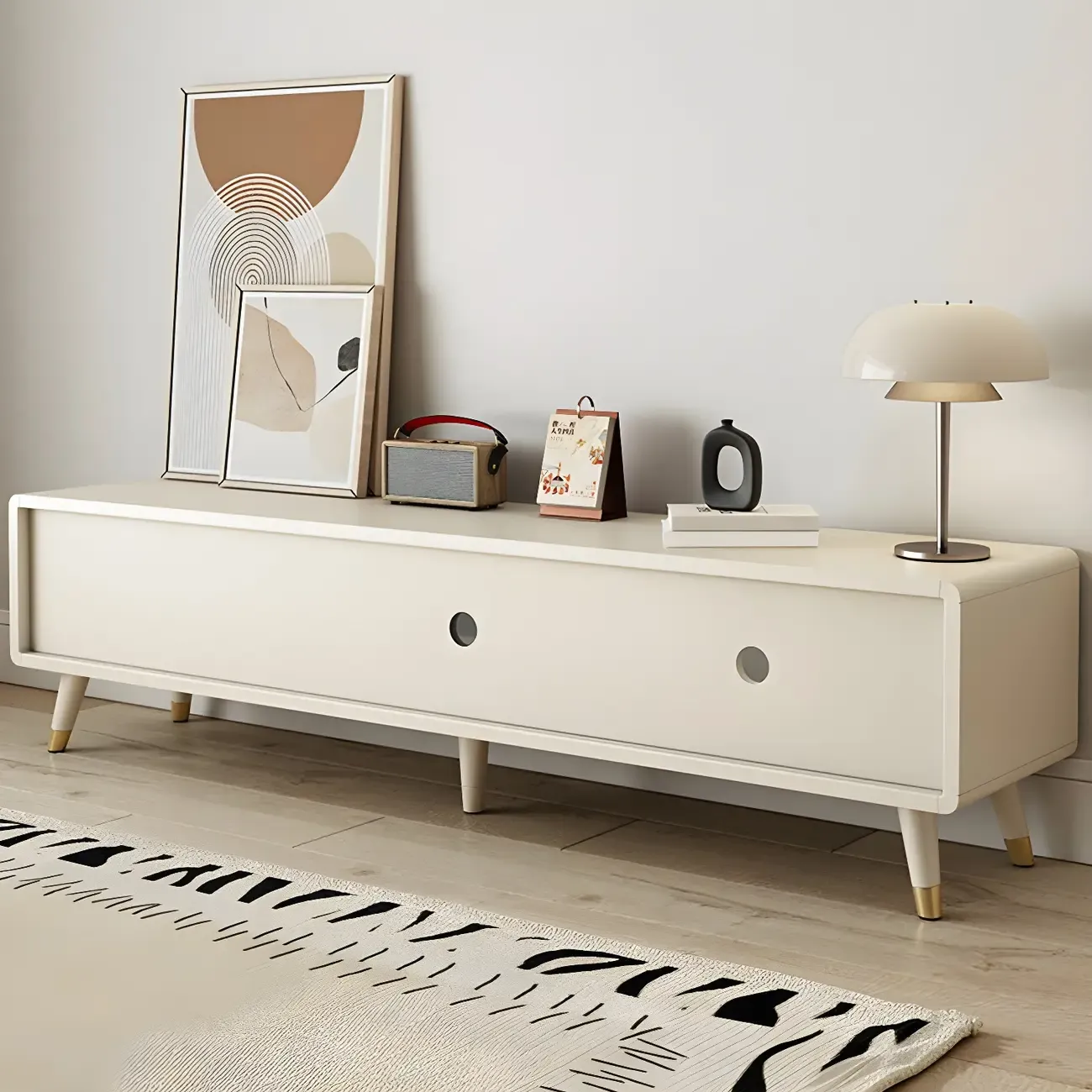 Nordic Natural Wooden TV Stand with Cable Management & Legs Image - 6