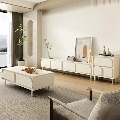 Minimalist White Wooden TV Stand with Storage Cabinets Image - 5