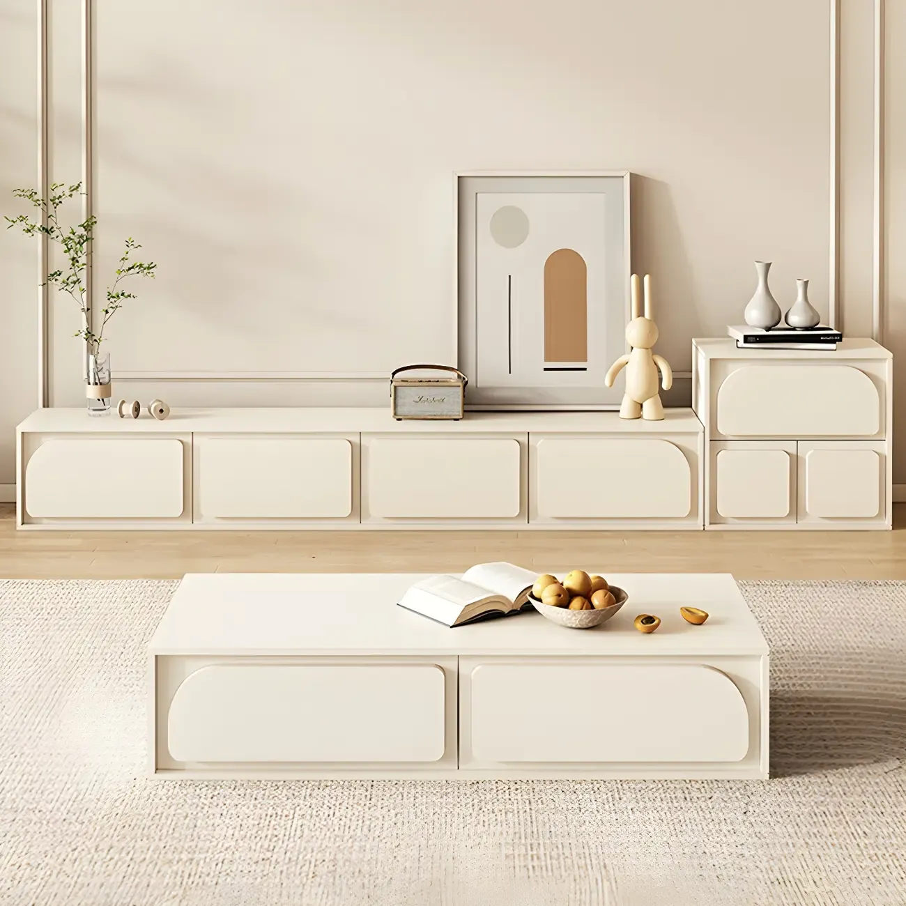 Minimalist White Wooden TV Stand with Storage Cabinets Image - 7