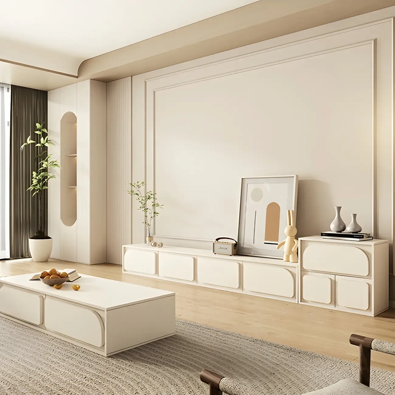 Minimalist White Wooden TV Stand with Storage Cabinets Image - 9