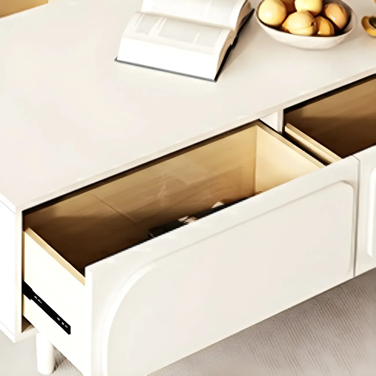 Minimalist White Wooden TV Stand with Storage Cabinets Image - 14