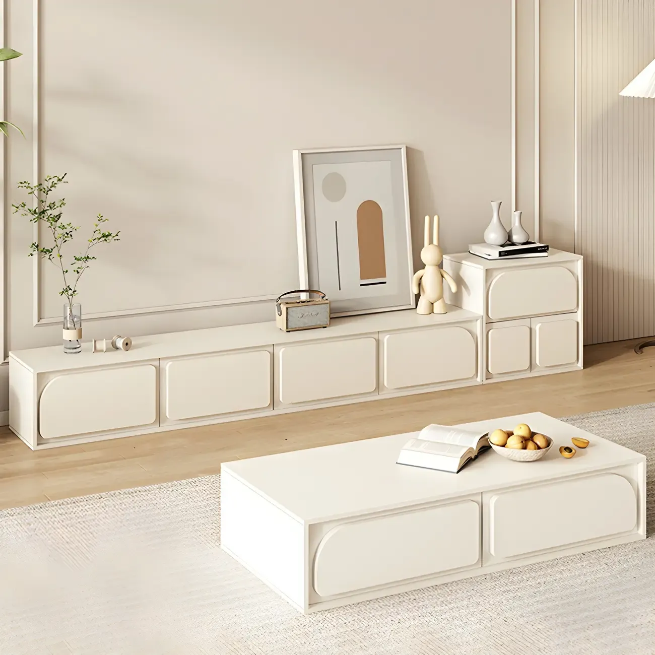 Minimalist White Wooden TV Stand with Storage Cabinets Image - 1