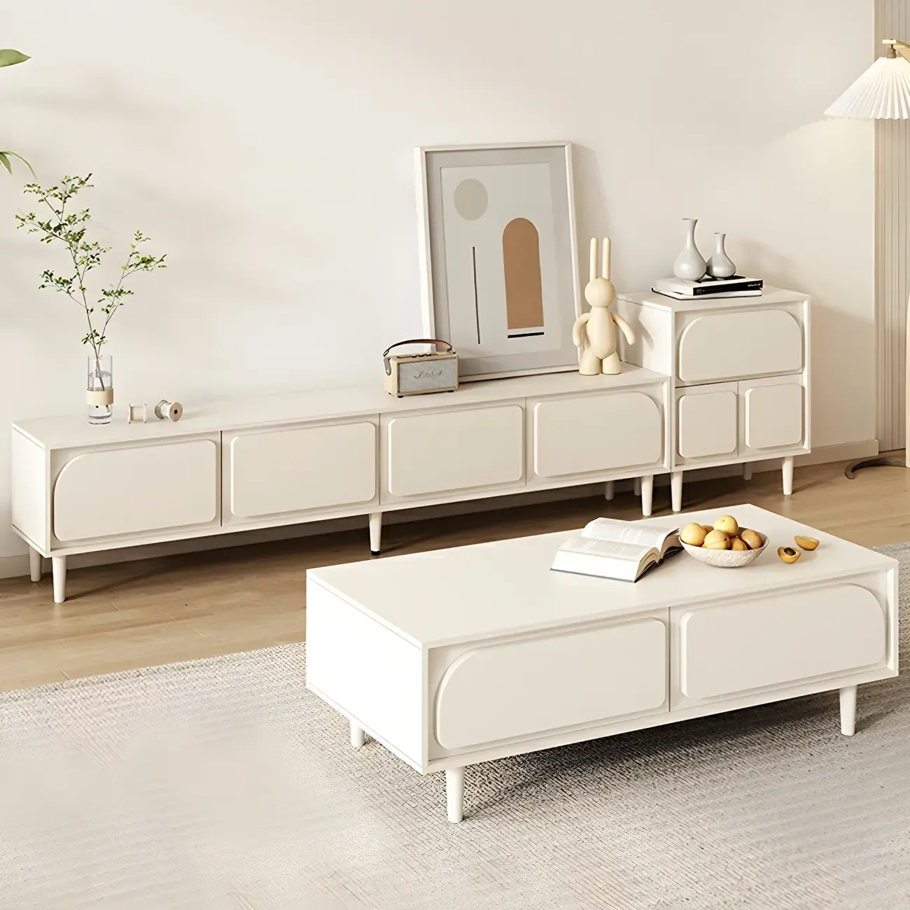 Minimalist White Wooden TV Stand with Storage Cabinets Image - 15