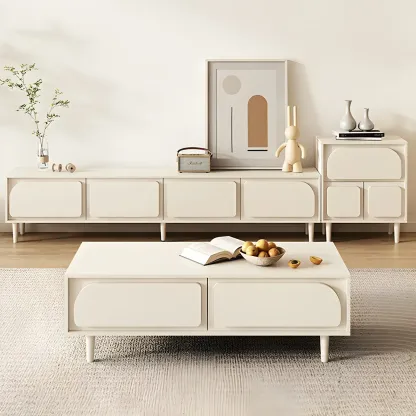 Minimalist White Wooden TV Stand with Storage Cabinets Image - 16