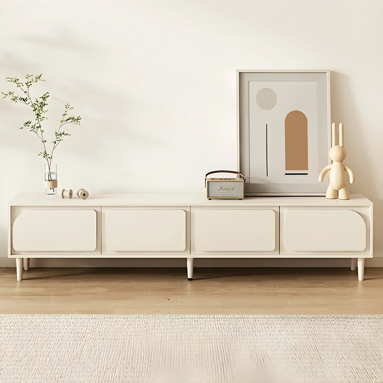 Minimalist White Wooden TV Stand with Storage Cabinets Image - 17