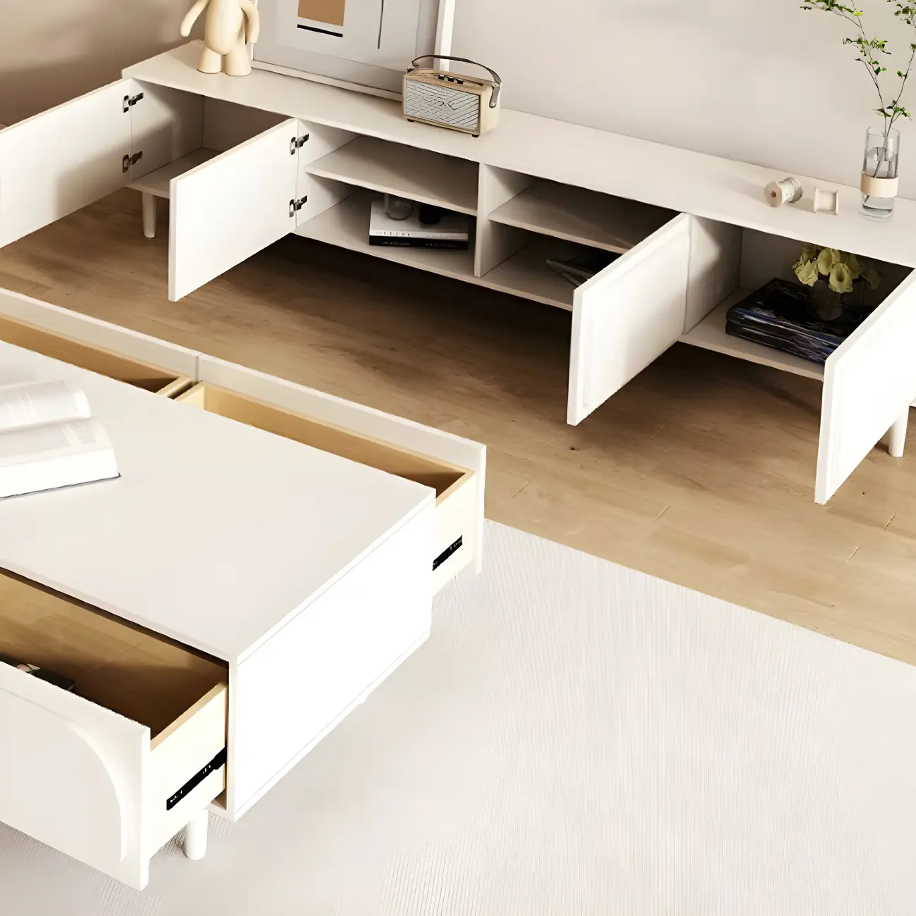 Minimalist White Wooden TV Stand with Storage Cabinets Image - 18 | homeyfad