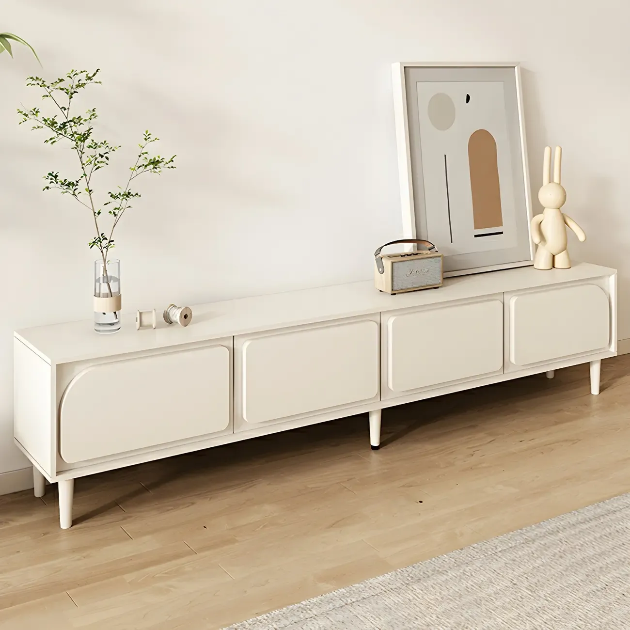 Minimalist White Wooden TV Stand with Storage Cabinets Image - 19