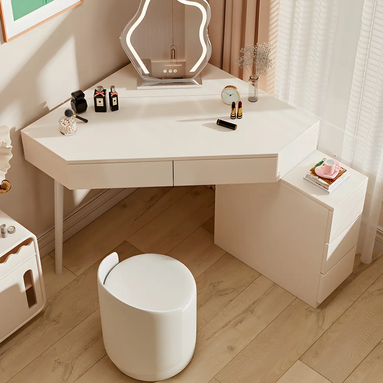 Modern Storage Corner Makeup Vanity in Off-White Image - 2 | homeyfad