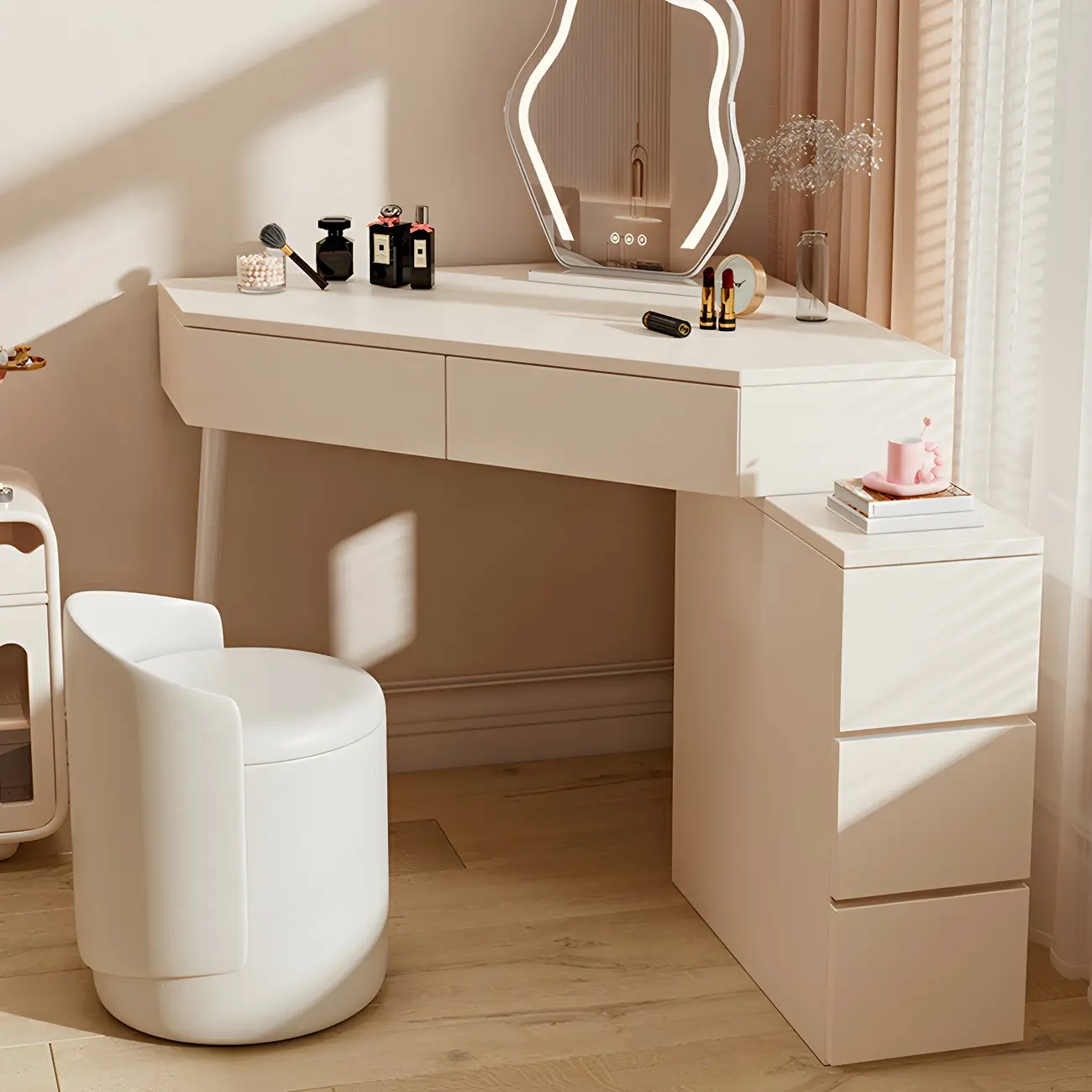 Modern Storage Corner Makeup Vanity in Off-White Image - 1 | homeyfad