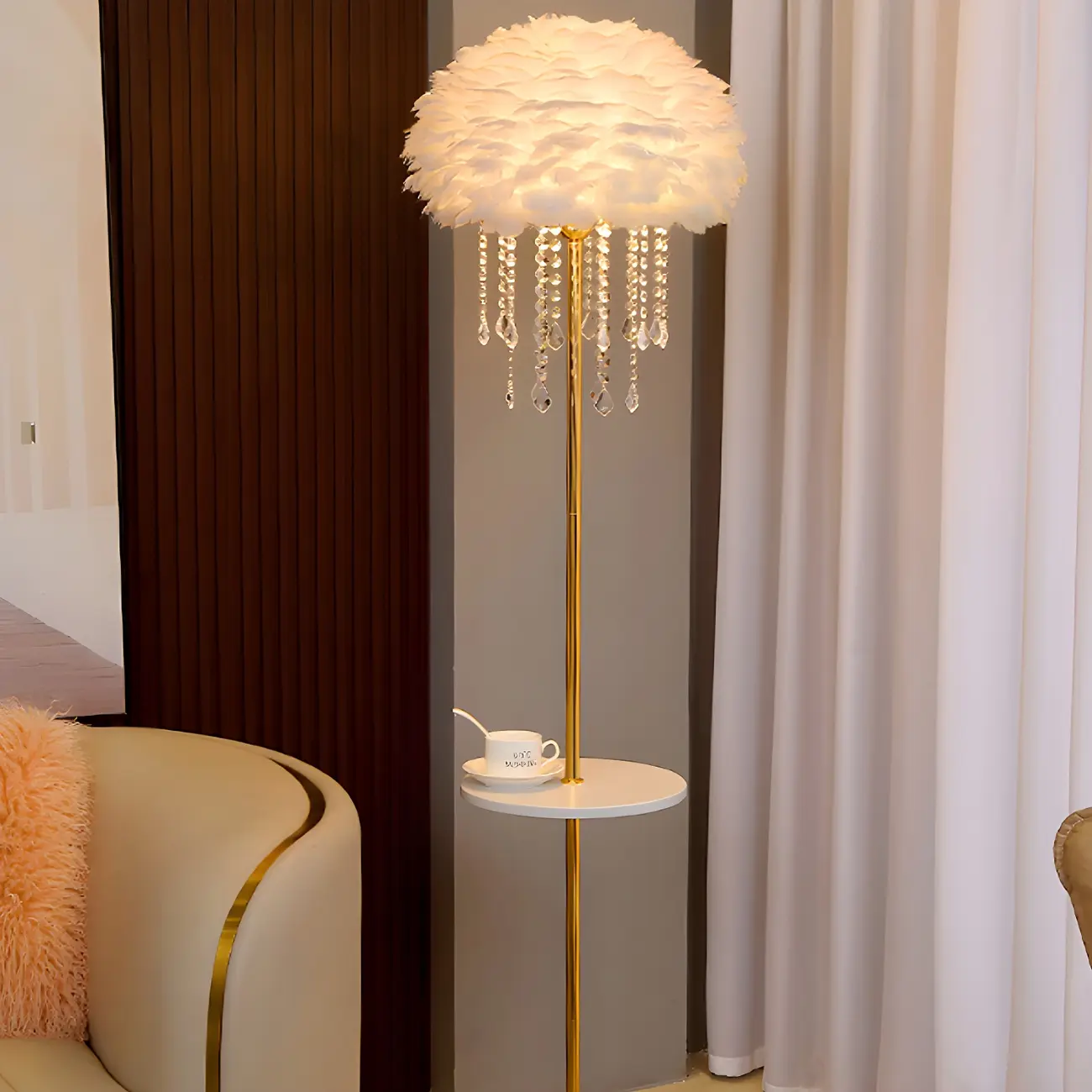 Elegant Crystal Feather Shade Standing Floor Lamp with Table | homeyfad
