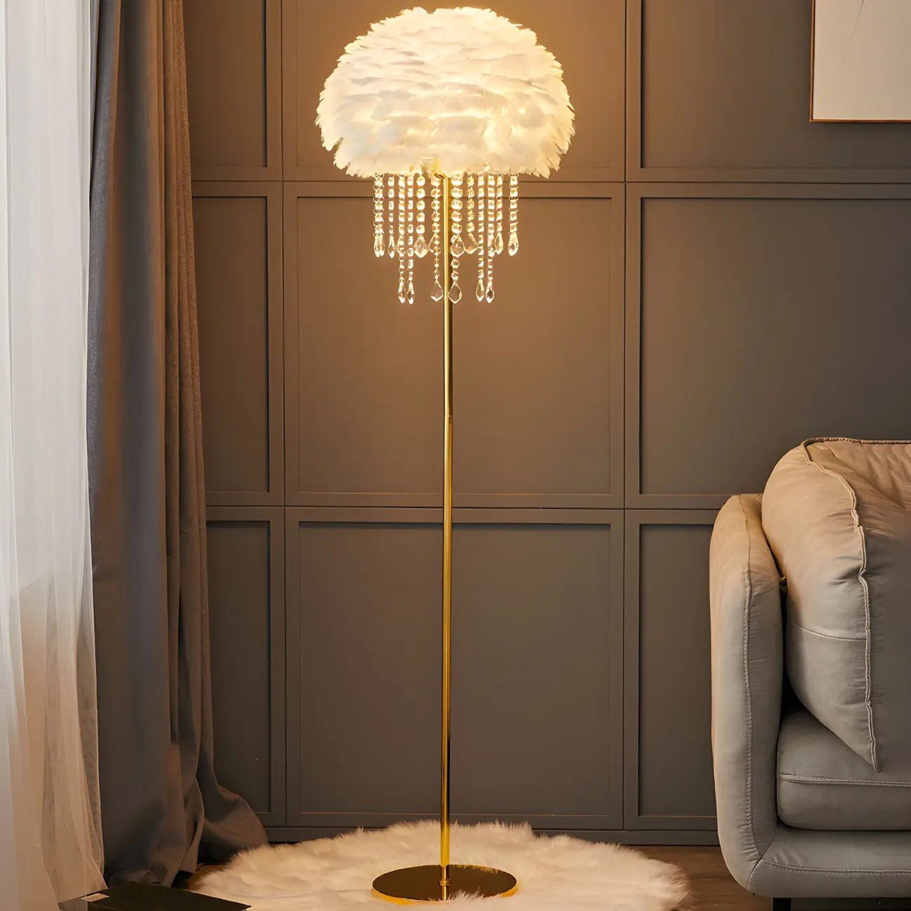 Elegant Crystal Feather Shade Standing Floor Lamp with Table | homeyfad