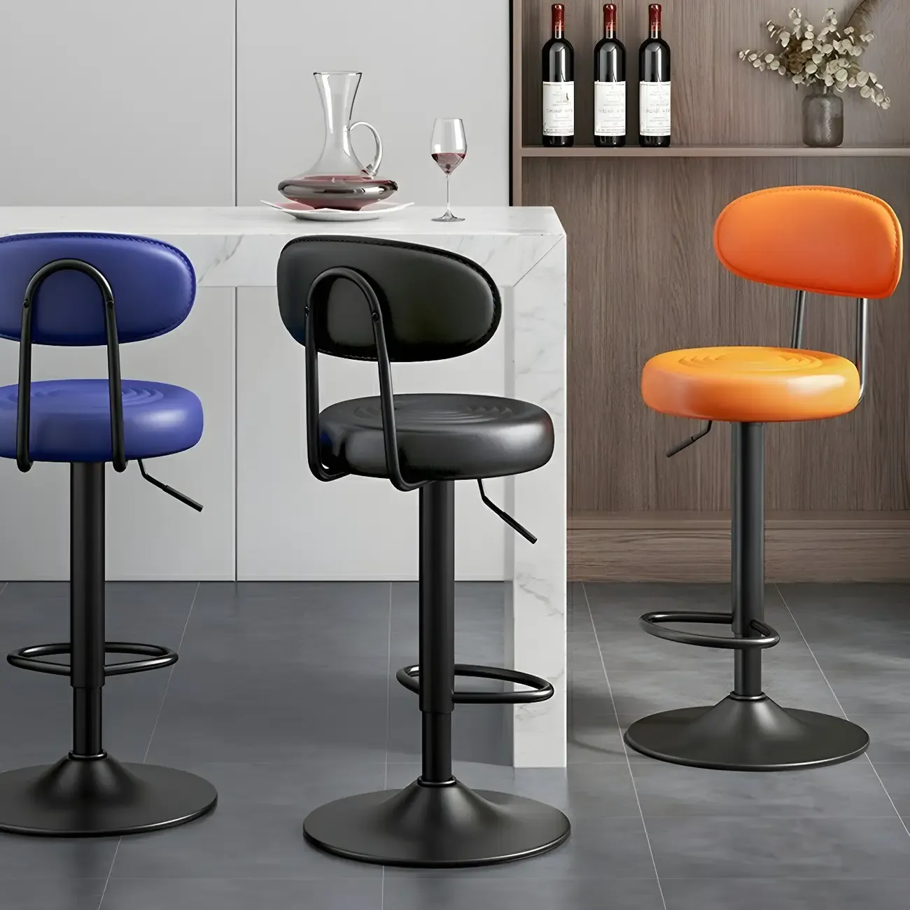 Glam Leather Adjustable Round Bar Stool with Footrest for Kitchen Image - 4