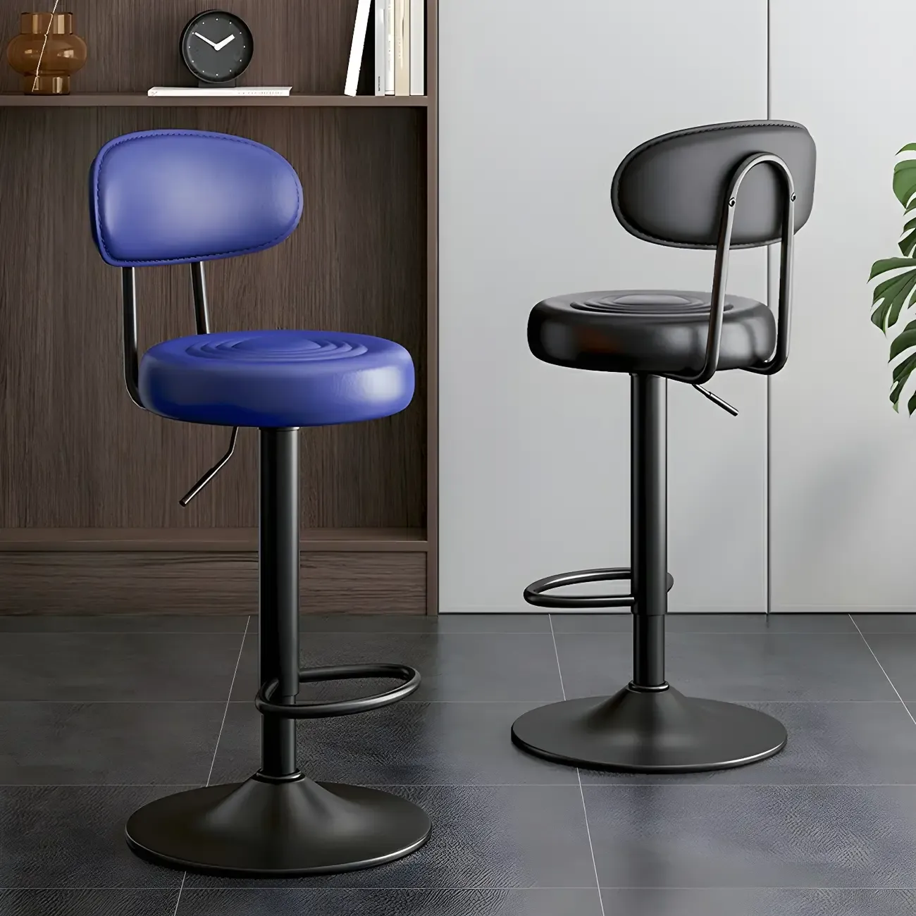 Glam Leather Adjustable Round Bar Stool with Footrest for Kitchen Image - 2