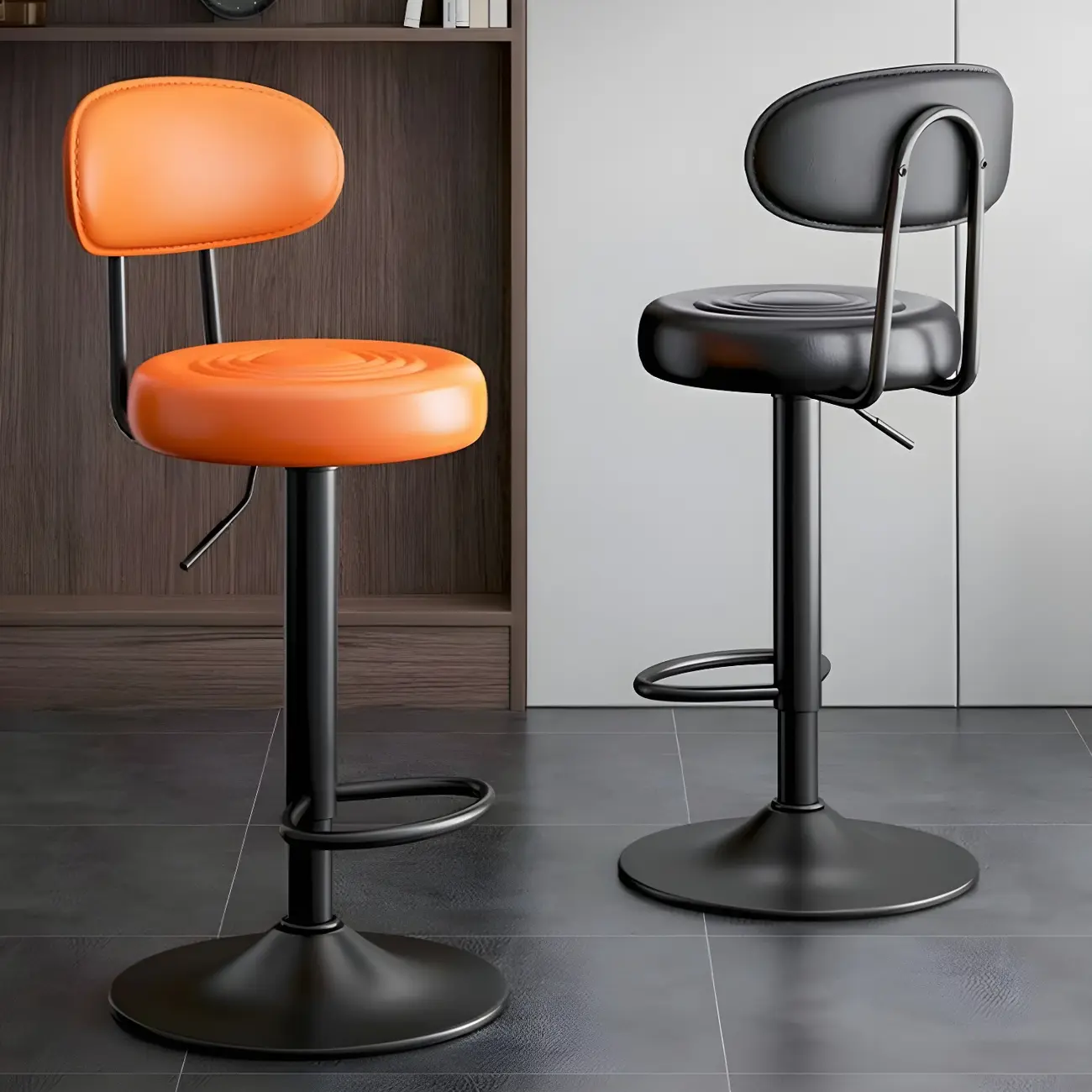 Glam Leather Adjustable Round Bar Stool with Footrest for Kitchen Image - 25 | homeyfad