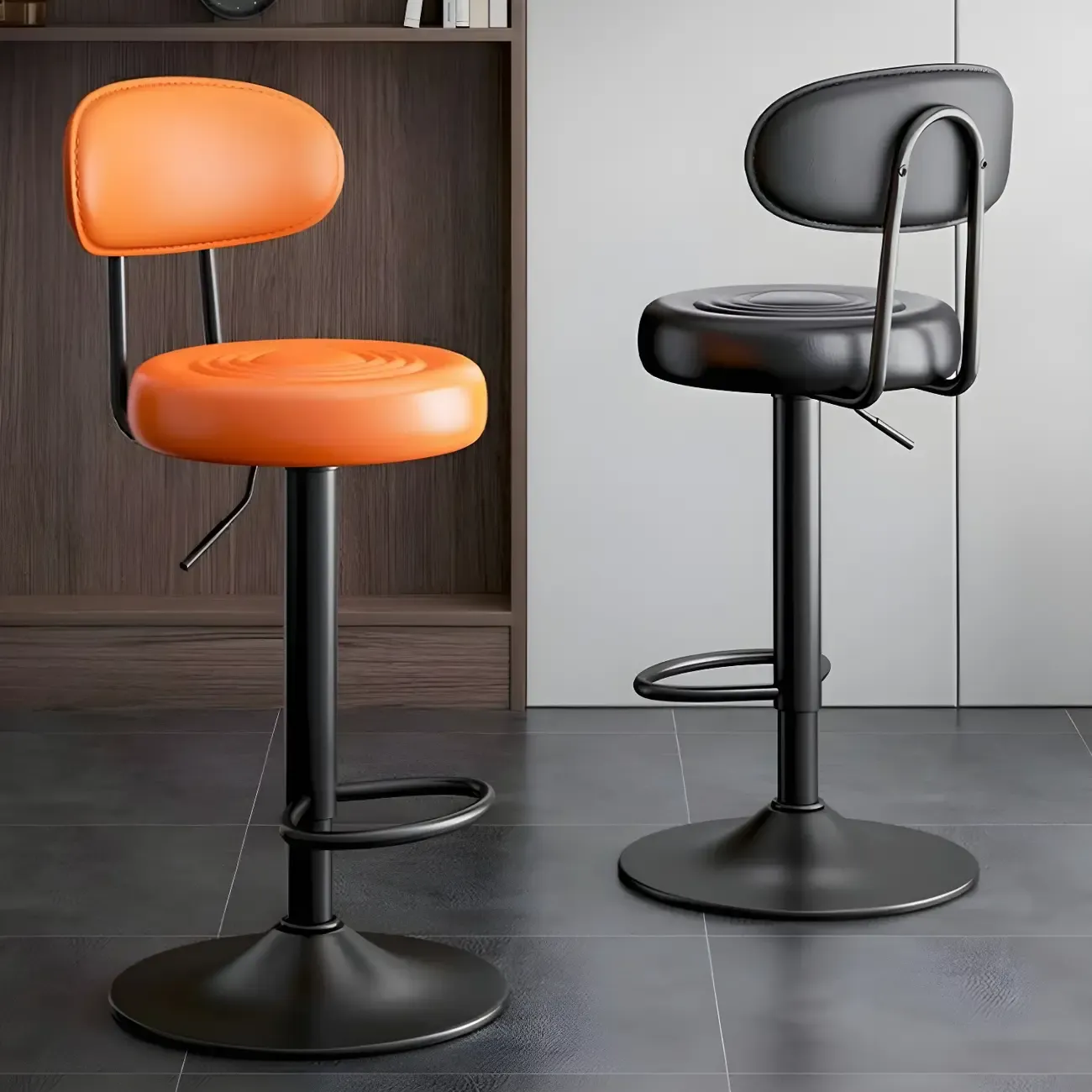 Glam Leather Adjustable Round Bar Stool with Footrest for Kitchen Image - 25