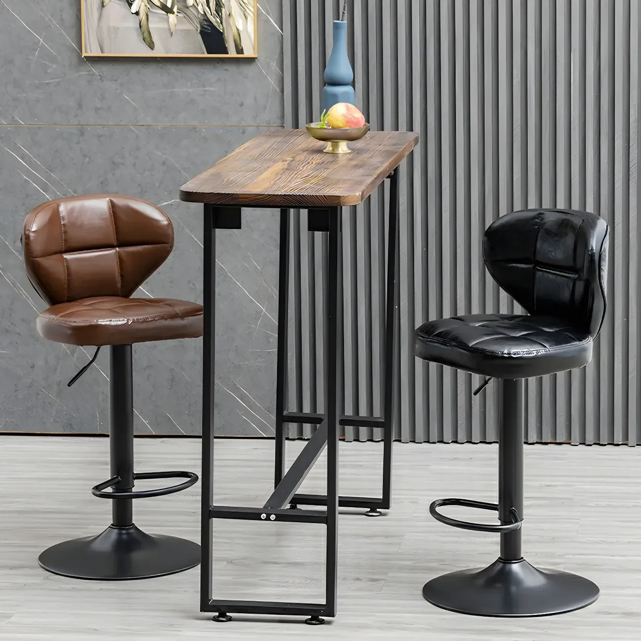 Classic Leather Swivel Adjustable Bar Stools with Footrest Image - 2