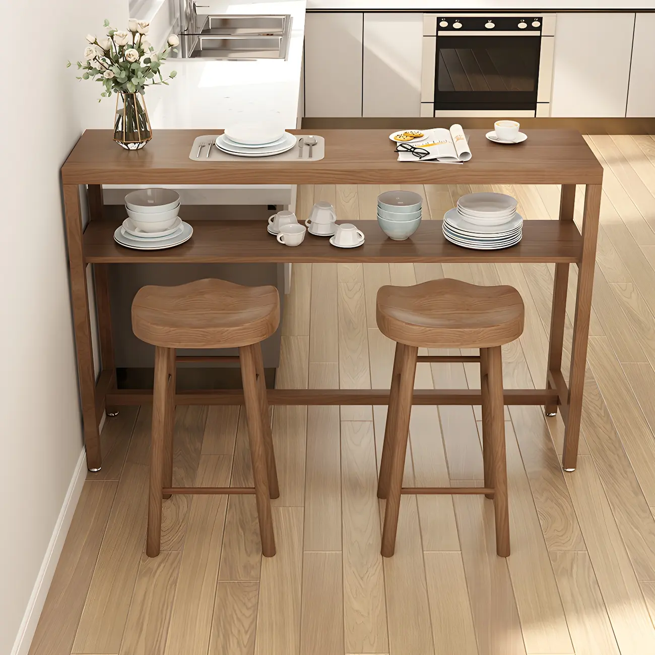 Modern Brown Pine Wooden Shelf Storage Trestle Bar Tables Image - 1 | homeyfad