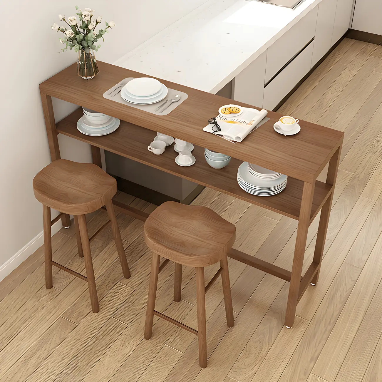 Modern Brown Pine Wooden Shelf Storage Trestle Bar Tables Image - 2 | homeyfad