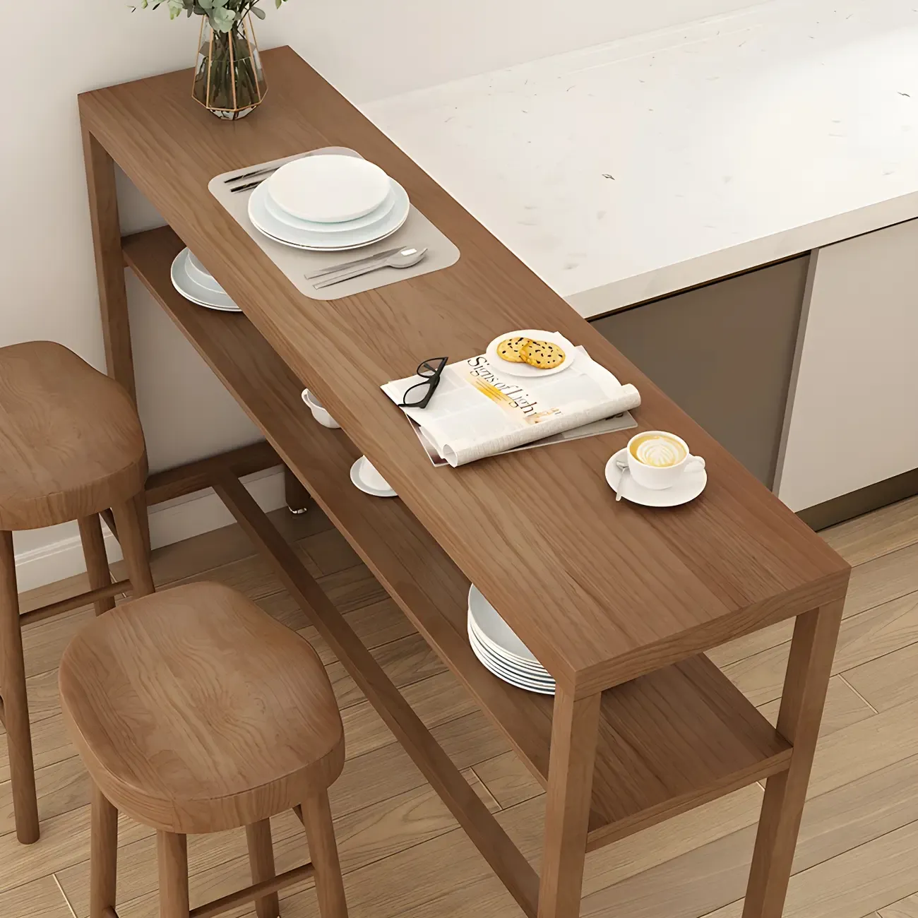 Modern Brown Pine Wooden Shelf Storage Trestle Bar Tables Image - 4